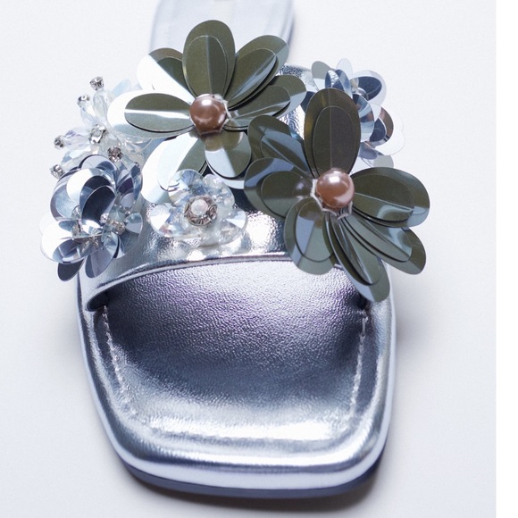 Zara Metallic Floral Appliqué Square Toe Sandals - Picture 4 of 11